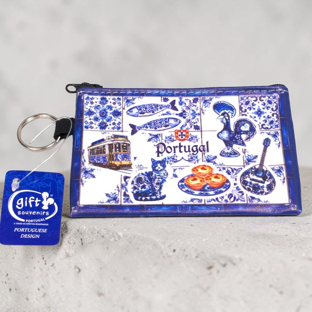 Portugal Souvenir Coin Purse Azulejo Tile Design Blue White Keyring Pouch GS9316